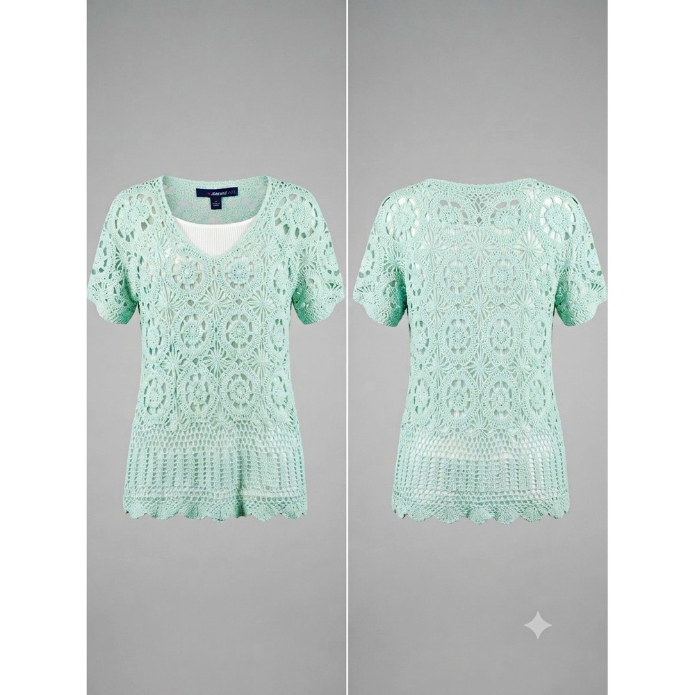 denim 24/7 Women's Blue Crochet Open Knit V-Neck Short Sleeve Pullover S